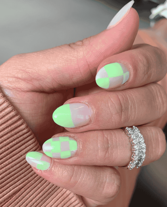 Checked Oval Lime Green Nail Art