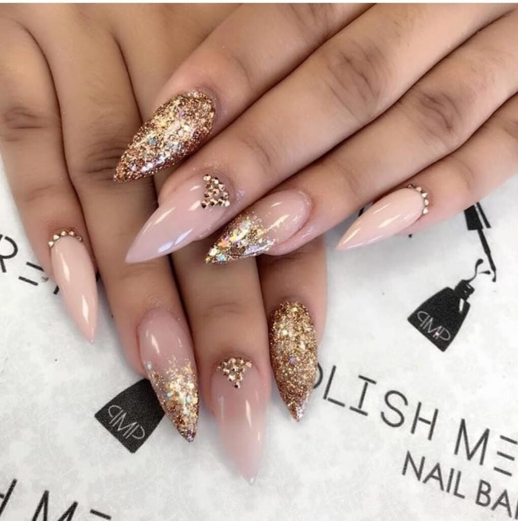 20+ Trendy Golden Nail Art Designs You’ll Love 9 Gold in Nude Acrylic