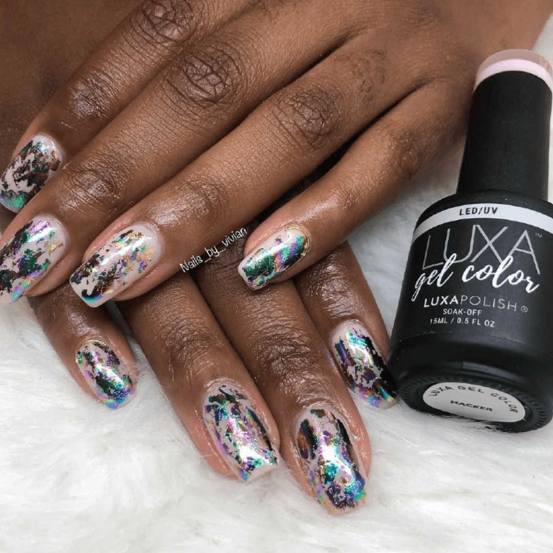 Square nails short with glitter accent