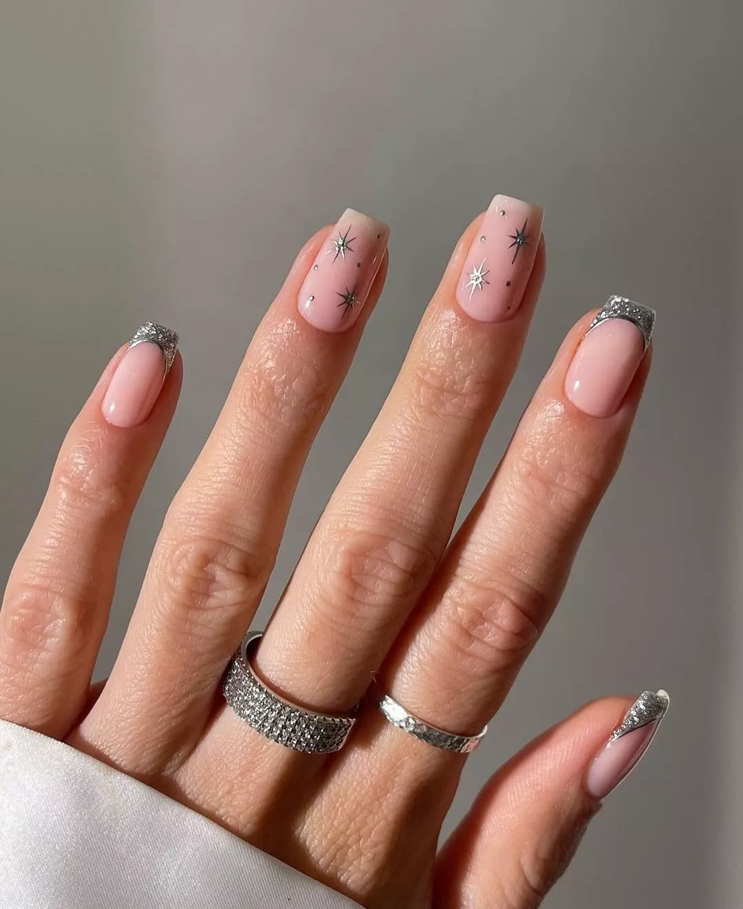 Silver Star Accents Winter Square Nails