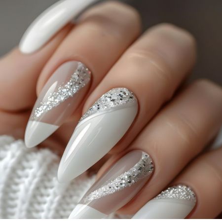 White Nails with Silver Glitter Lines