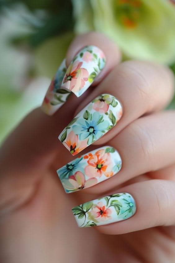 Abstract Floral Nail Art for Square Nails