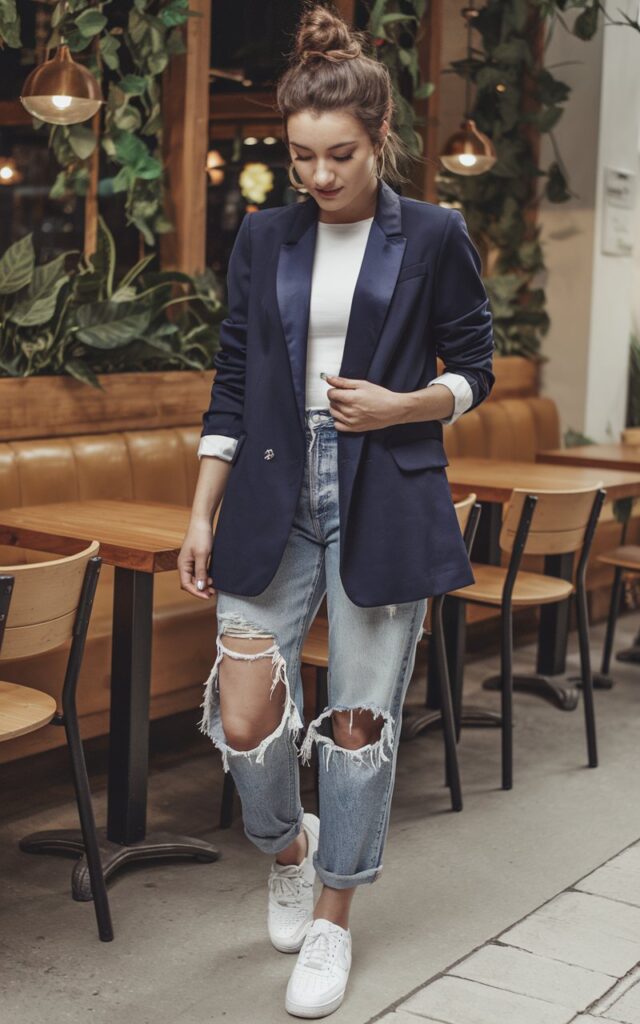 15 First Coffee Date Outfits That Guarantee a Second Date 6 Blazer and Distressed Denim