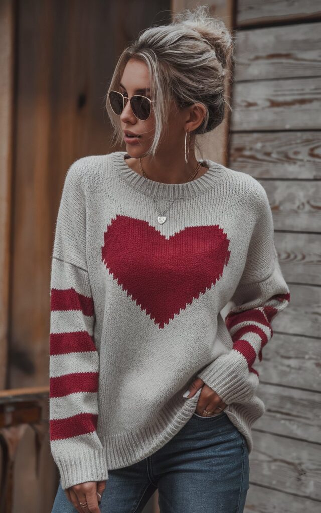 Casual Heart Print Sweater