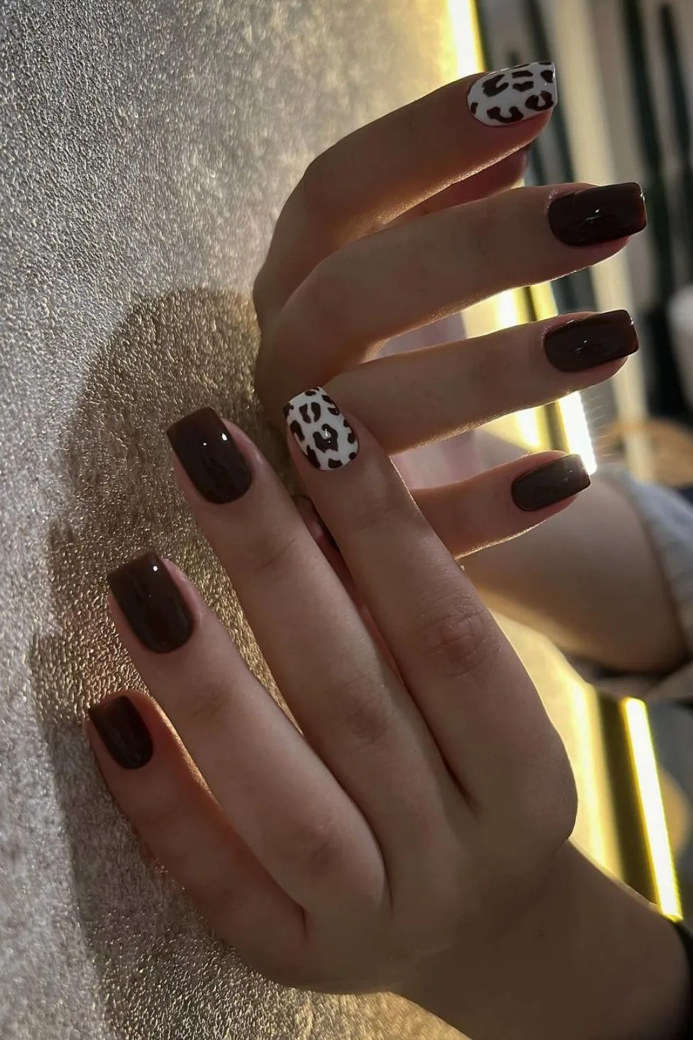 Dark brown nails with leopard print accent