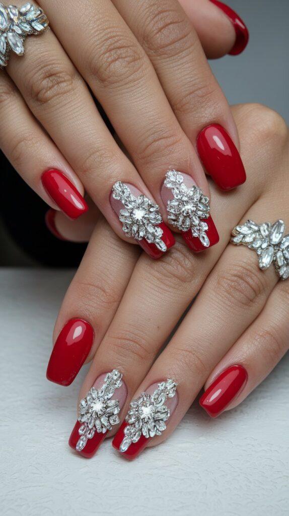 Red Crystal Embellished Nails