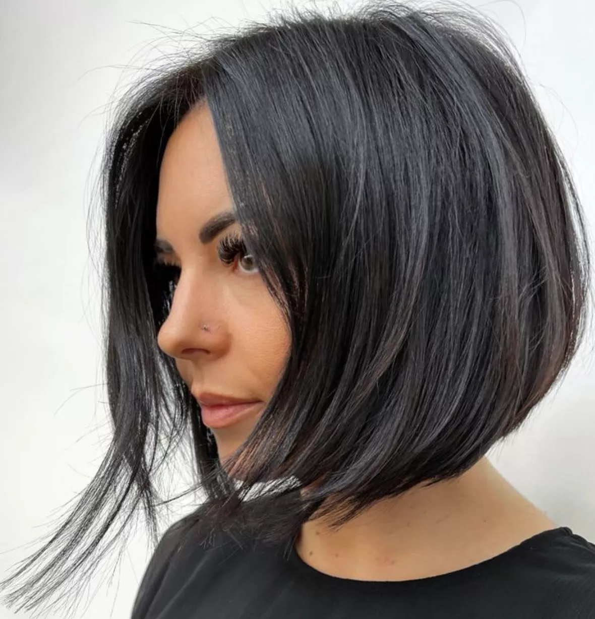 Dark brown hair angled bob