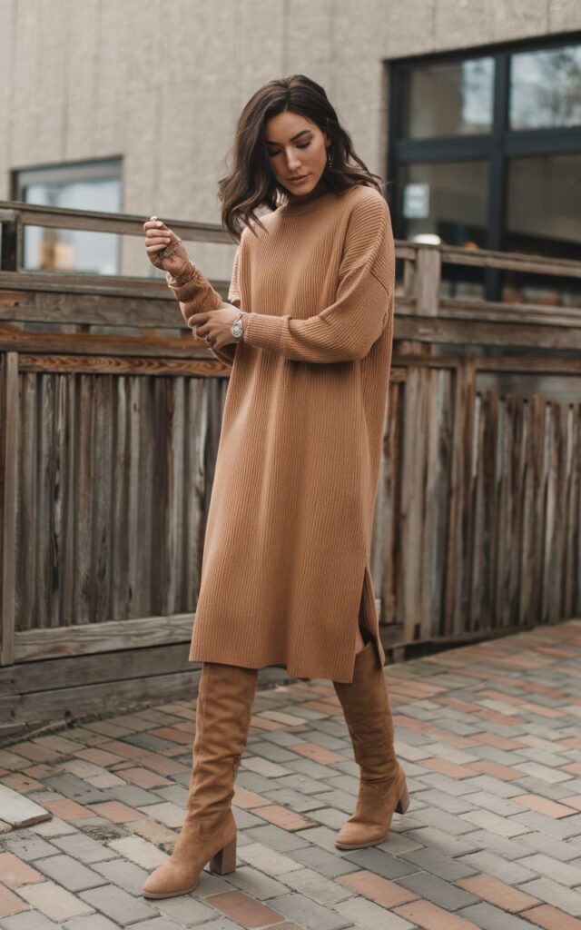 15 First Coffee Date Outfits That Guarantee a Second Date 2 Sweater Dress and Boots 1