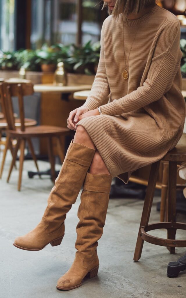 15 First Coffee Date Outfits That Guarantee a Second Date 3 Sweater Dress and Boots 3