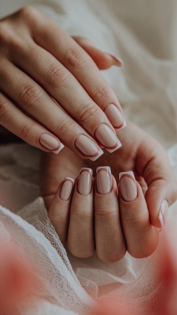 15 Simple Valentine’s Nail Designs for a Minimalist Look 2 a close up shot of hands with french tips in blush 20sk3NjkTouZe9pjLCyRRg 6PSbFvErQz62cdeKVi8 cQ
