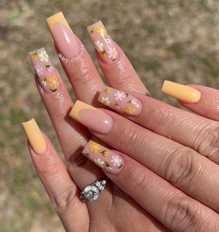 Yellow and Pink Flower Nails